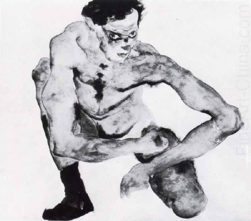 Egon Schiele Squatting male nude with stockings china oil painting image